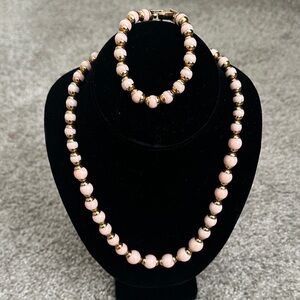 Avon Pink and Gold Beaded Necklace and Bracelet Set